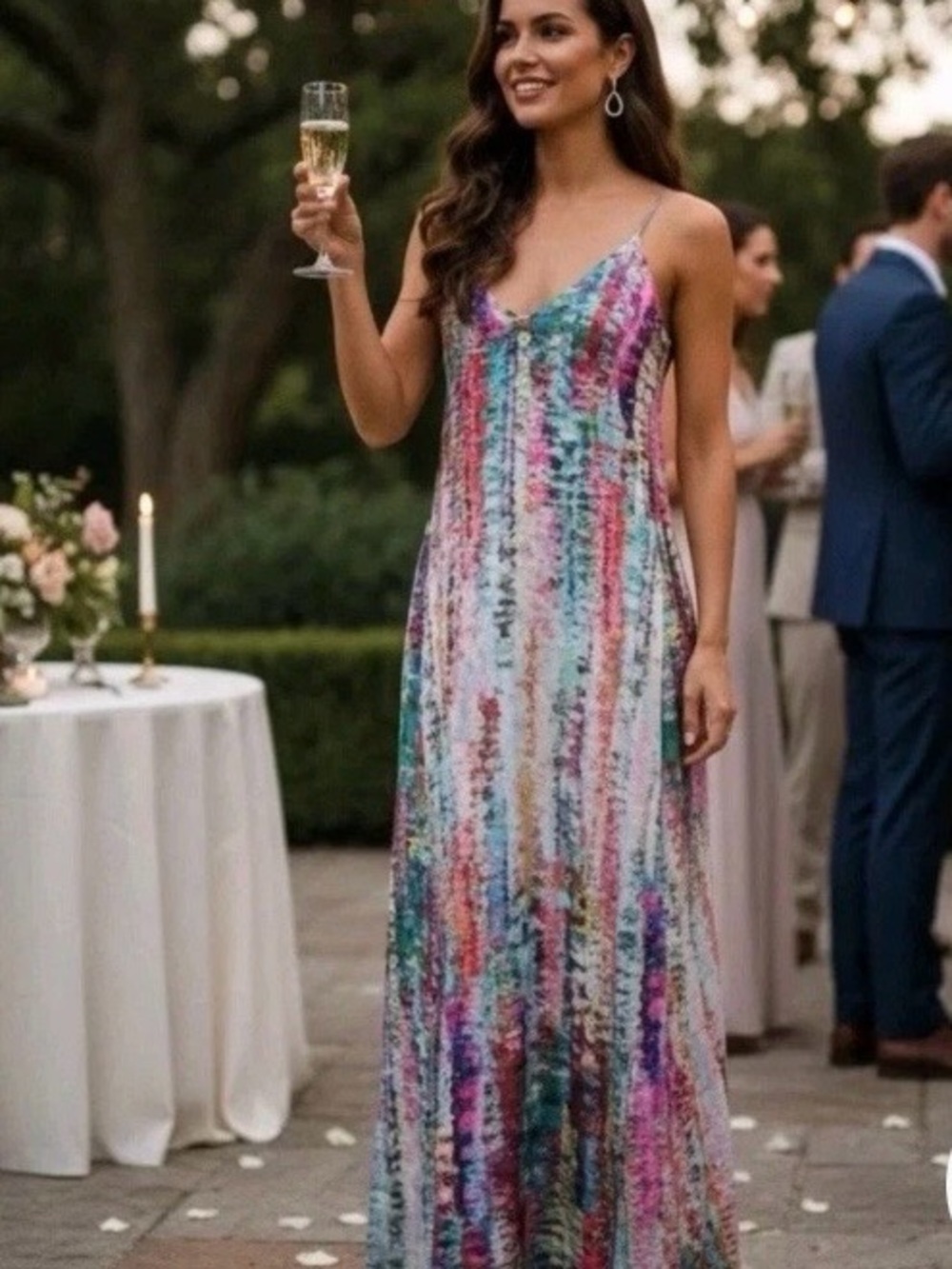 Nicole Miller Watercolor Abstract Maxi Dress Built In Bra Pockets Multicolor M